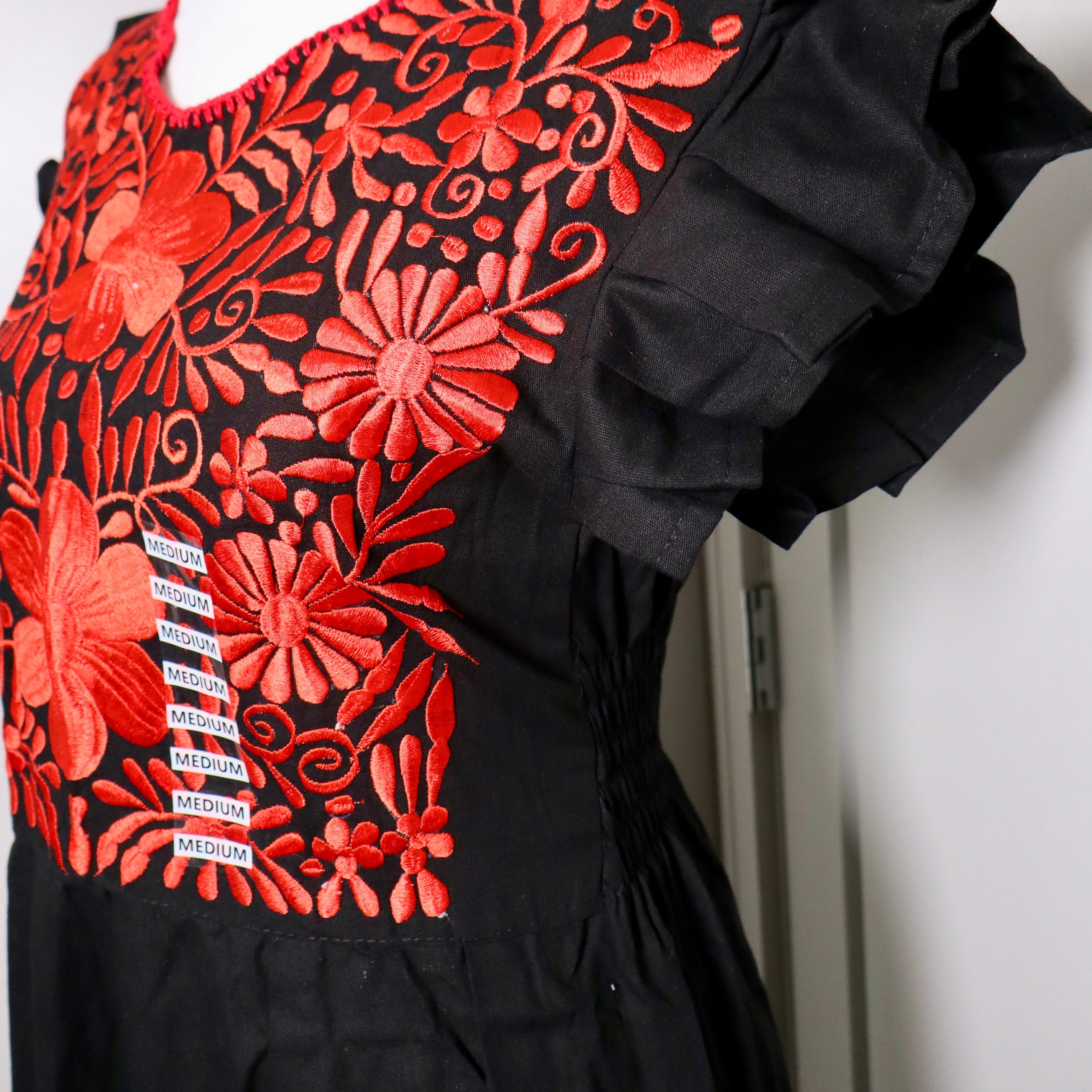 PALOMA DRESS - BLACK WITH RED EMBROIDERY
