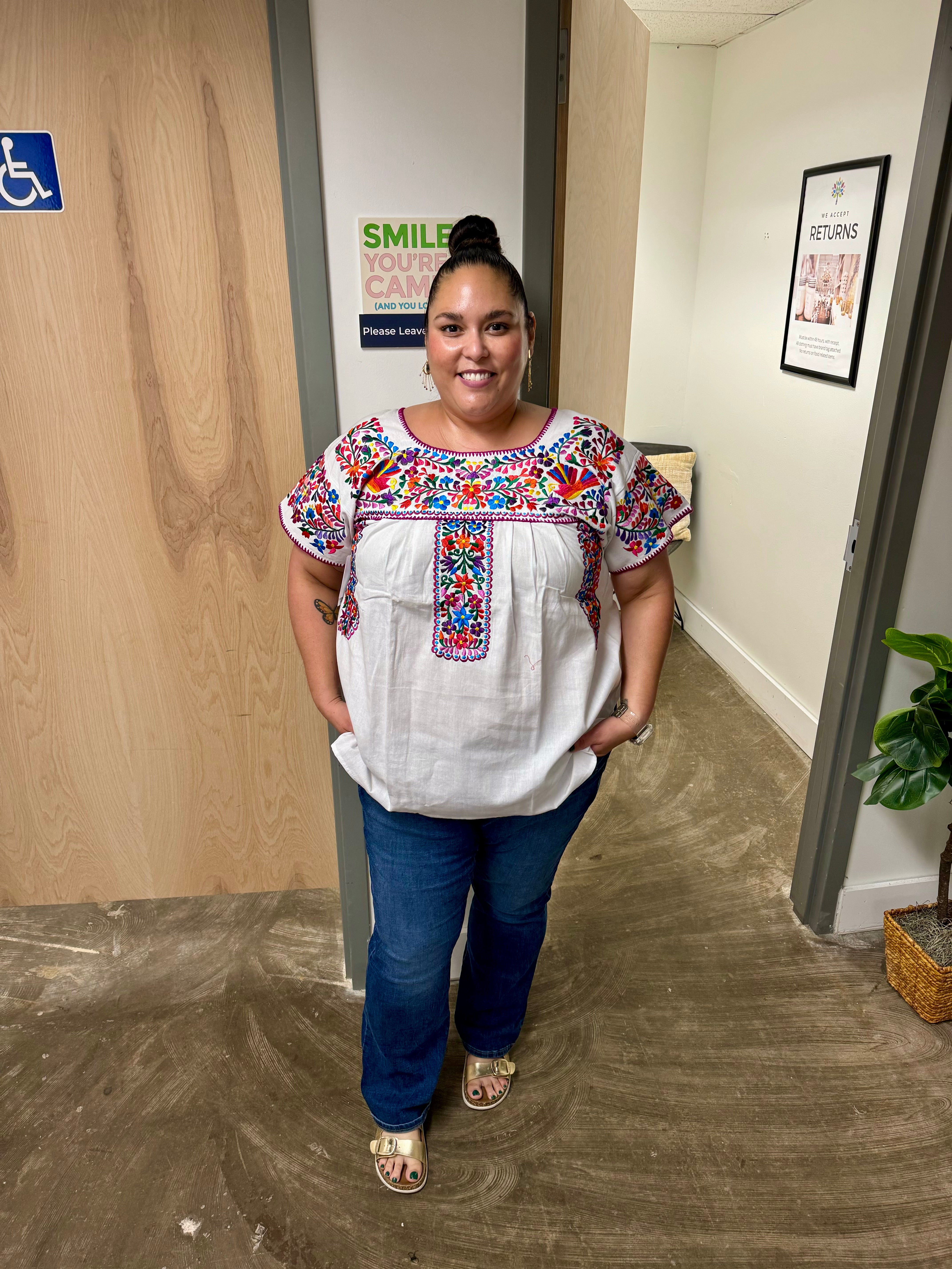 PUEBLA FIESTA BLOUSE - NATURAL WITH MULTI EMBROIDERY