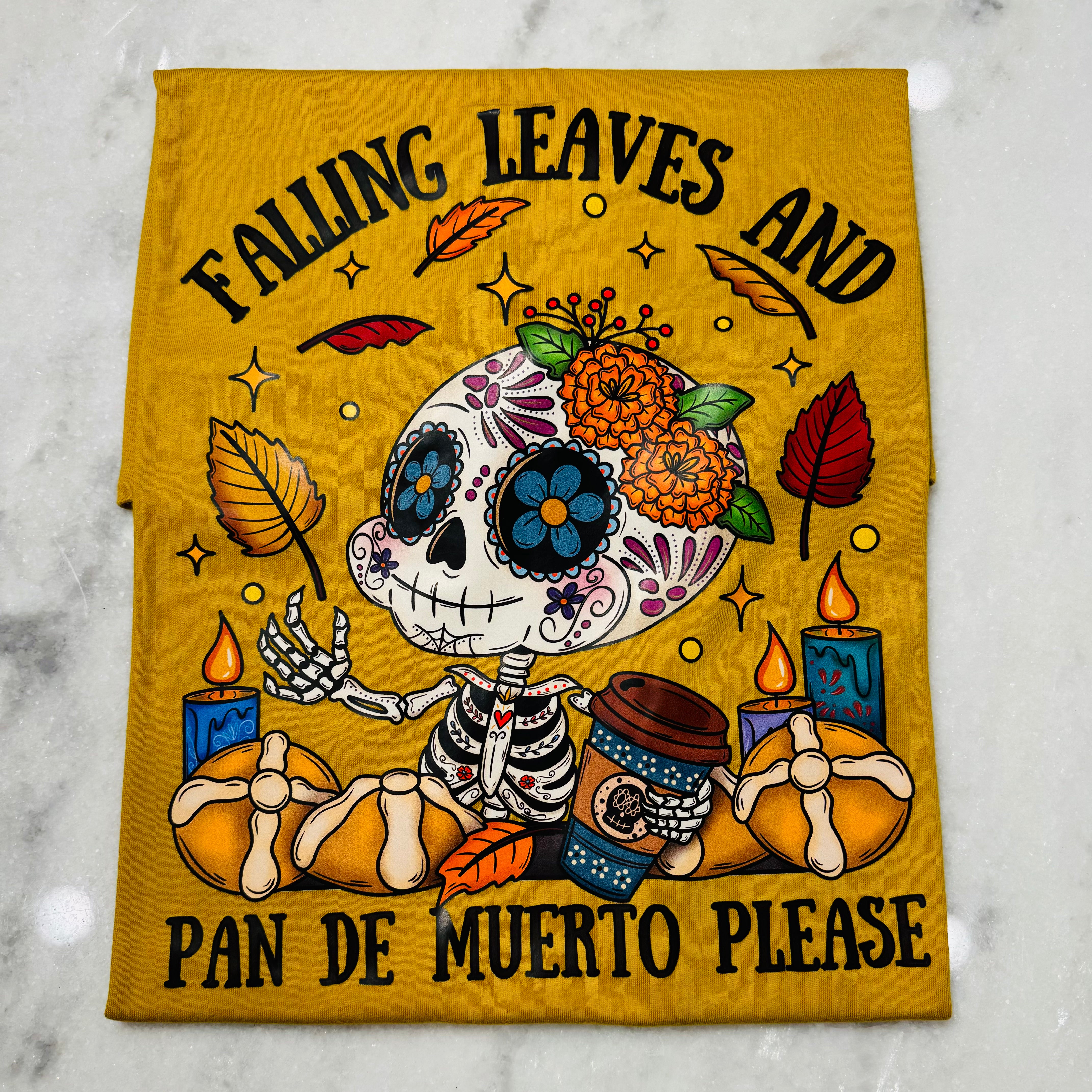 FALL LEAVES AND PAN DE MUERTO PLEASE TSHIRT