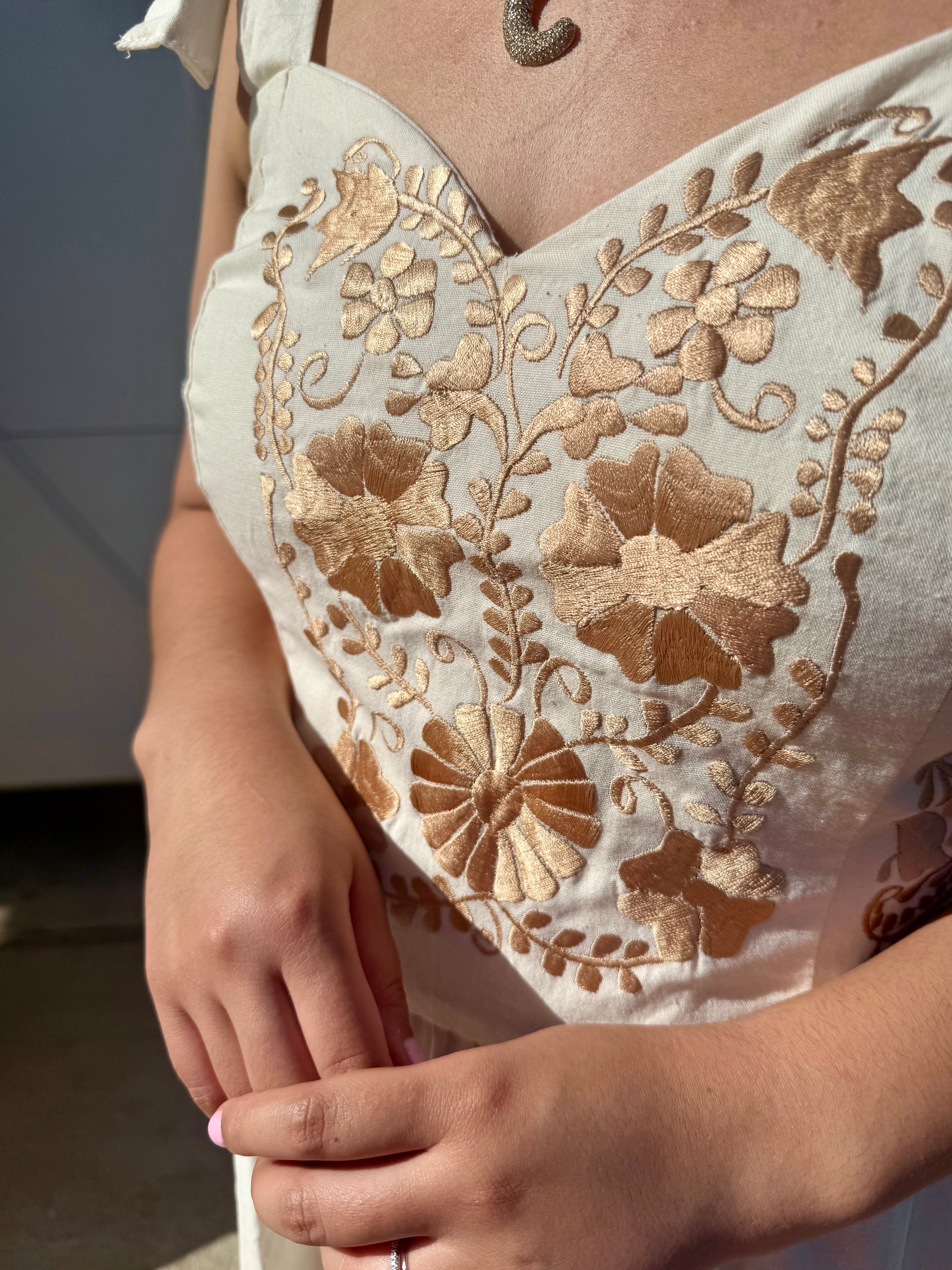 beige mexican dress Carmen Floral Embroidered Mexican Dress- Vestido Mexicano Bordado Floral