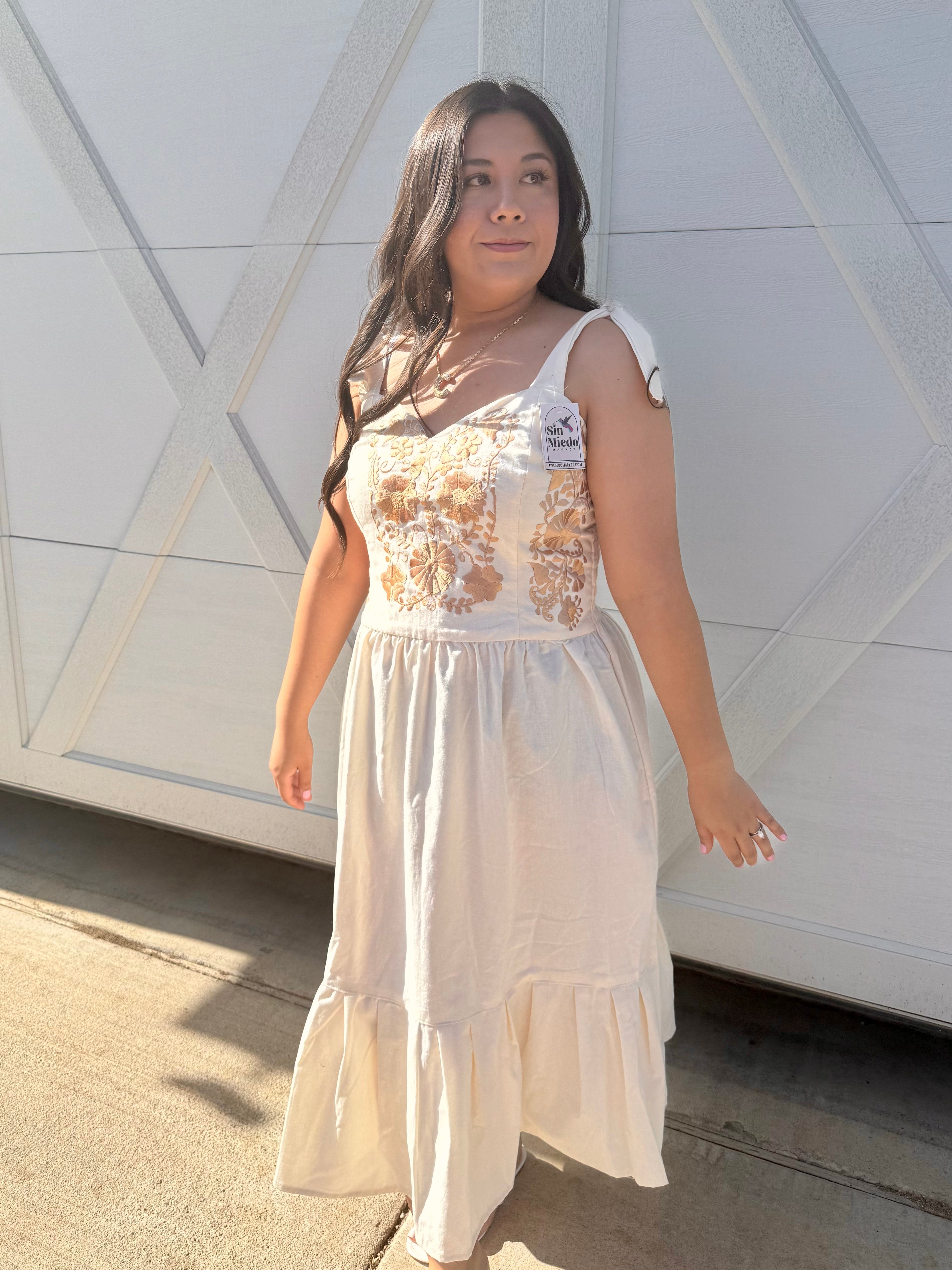 beige mexican dress Vintage Boho Mexican Tipicano Long Dress Beige Lace Cotton Wedding Sz XS