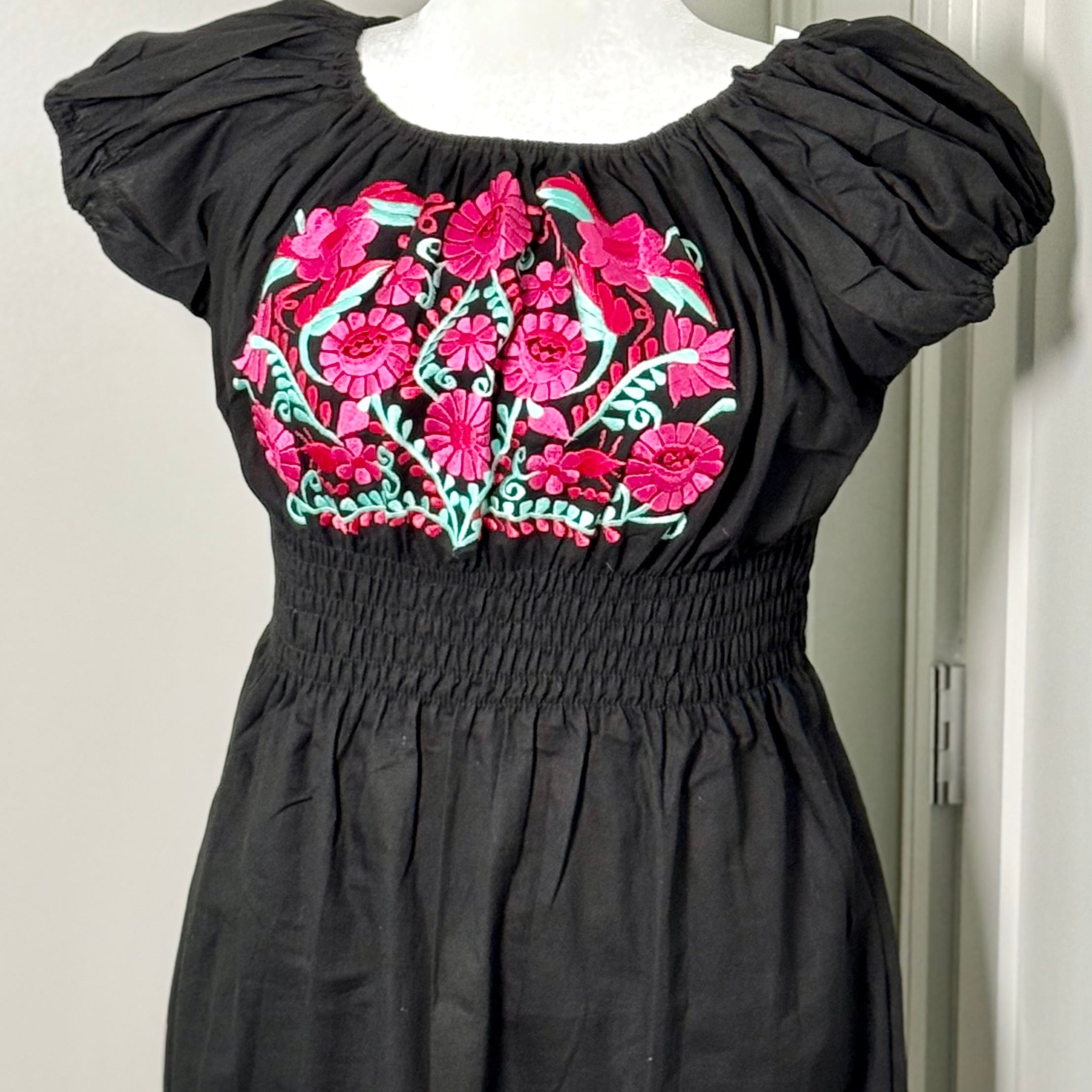 FIESTA DRESS - BLACK W/ CHERRY & MINT EMBROIDERY