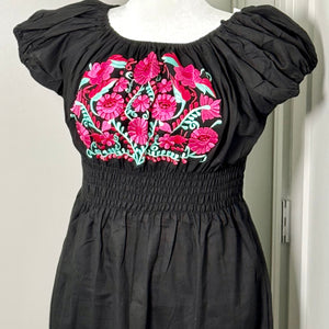 FIESTA DRESS - BLACK W/ CHERRY & MINT EMBROIDERY