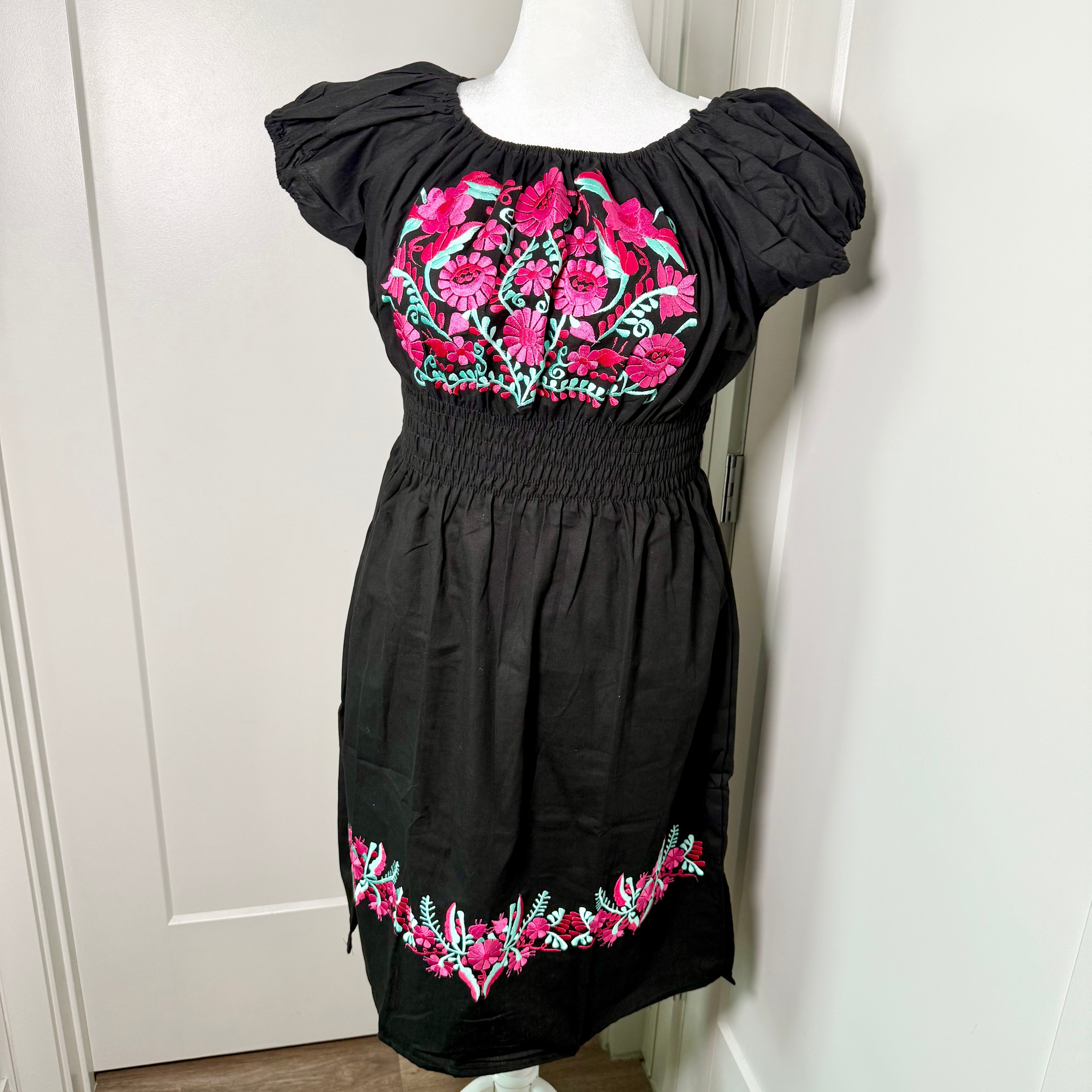 FIESTA DRESS - BLACK W/ CHERRY & MINT EMBROIDERY
