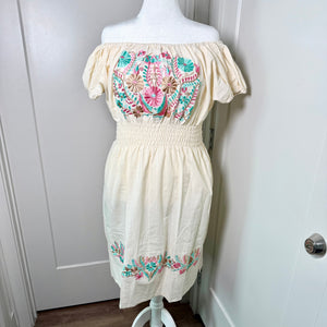 FIESTA DRESS - NATURAL W/ PASTEL EMBROIDERY