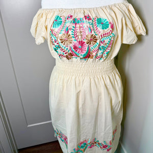 FIESTA DRESS - NATURAL W/ PASTEL EMBROIDERY