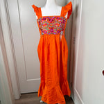 Load image into Gallery viewer, DAISY DRESS - ORANGE W/MAGENTA &amp; GREEN EMBROIDERY
