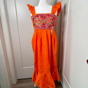 DAISY DRESS - ORANGE W/MAGENTA & GREEN EMBROIDERY