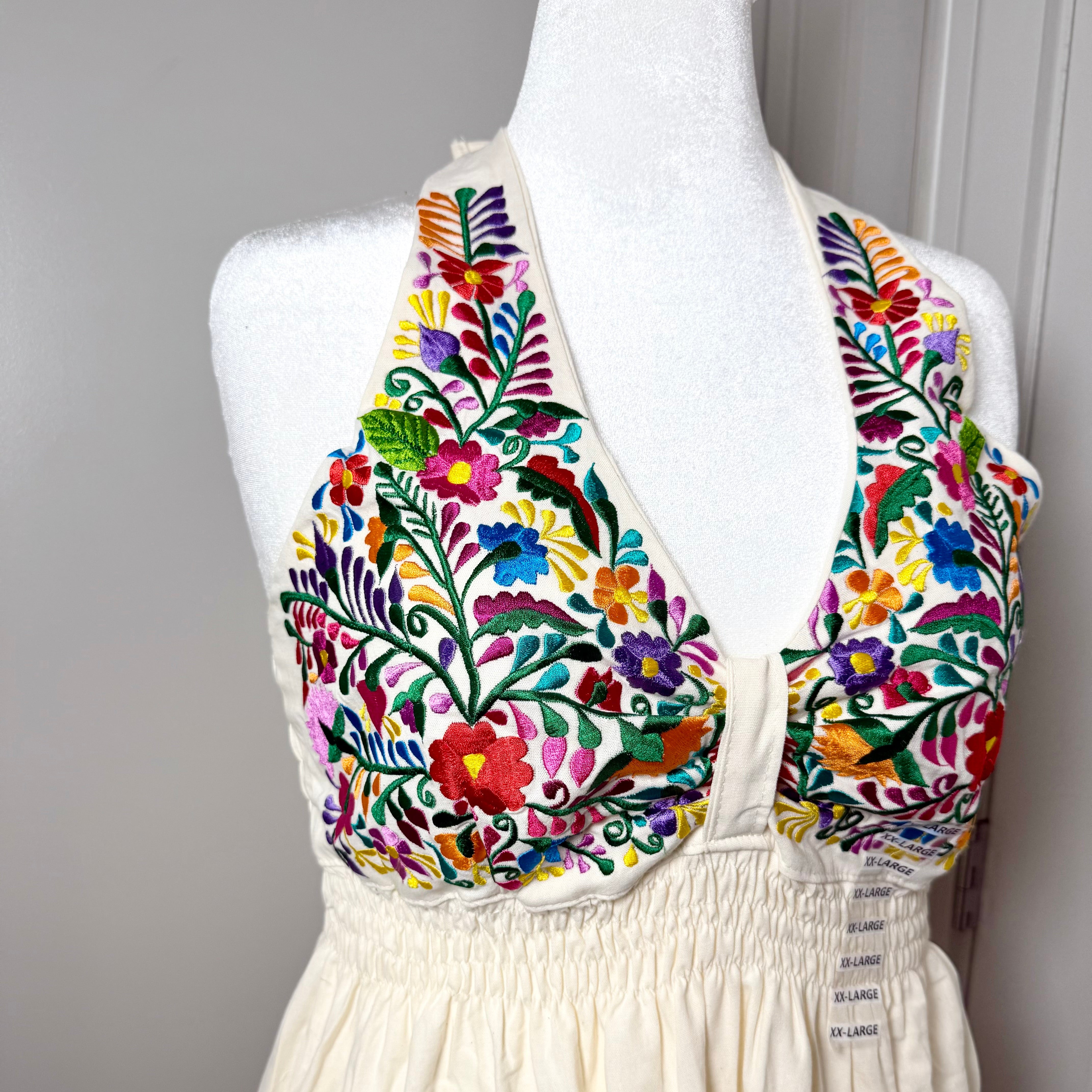 TEJAS DRESS - NATURAL W/MULTI COLOR EMBROIDERY