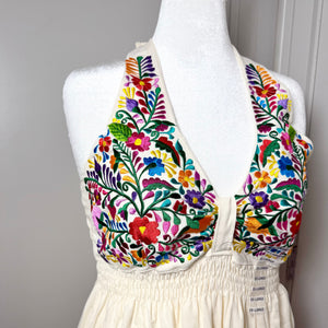 TEJAS DRESS - NATURAL W/MULTI COLOR EMBROIDERY