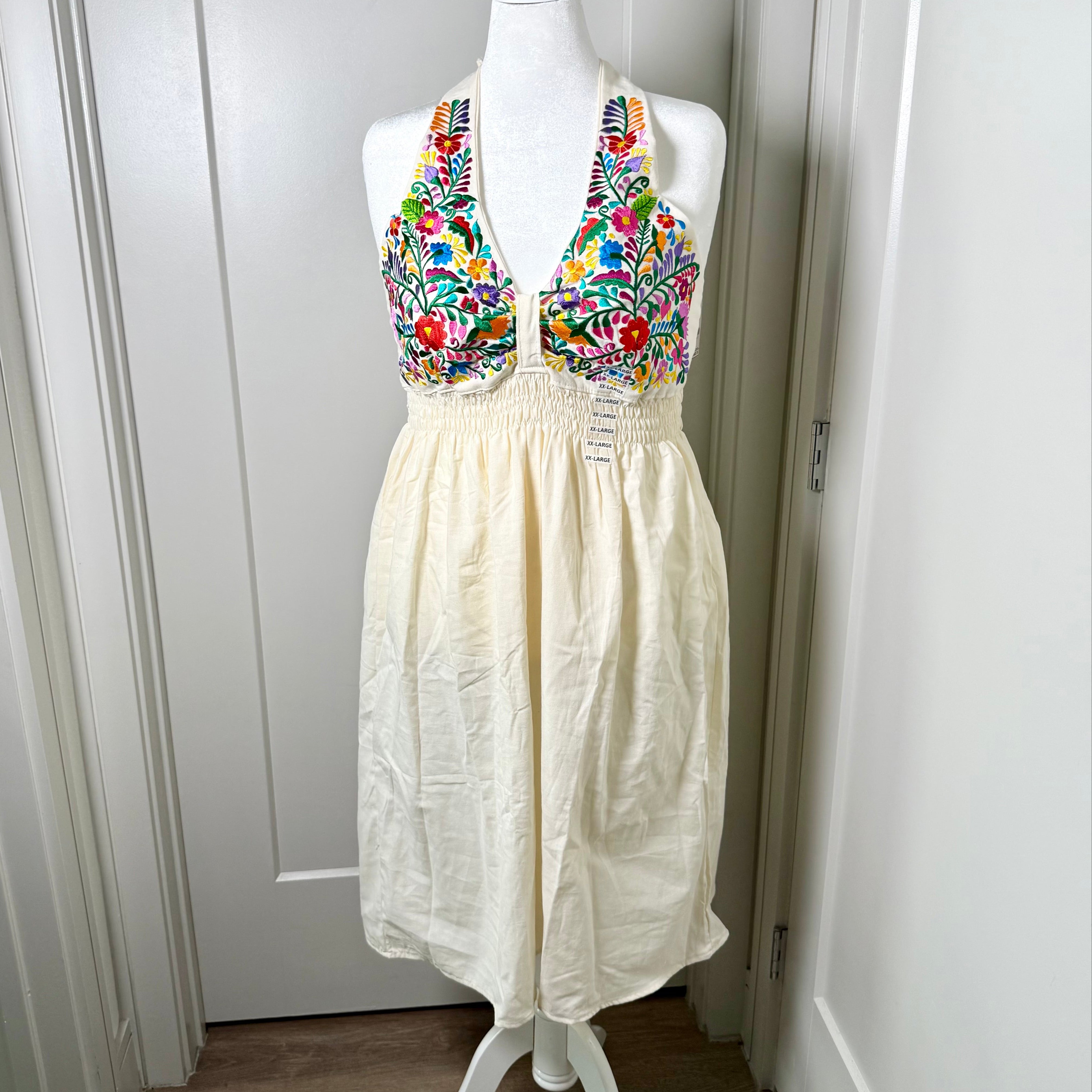 TEJAS DRESS - NATURAL W/MULTI COLOR EMBROIDERY