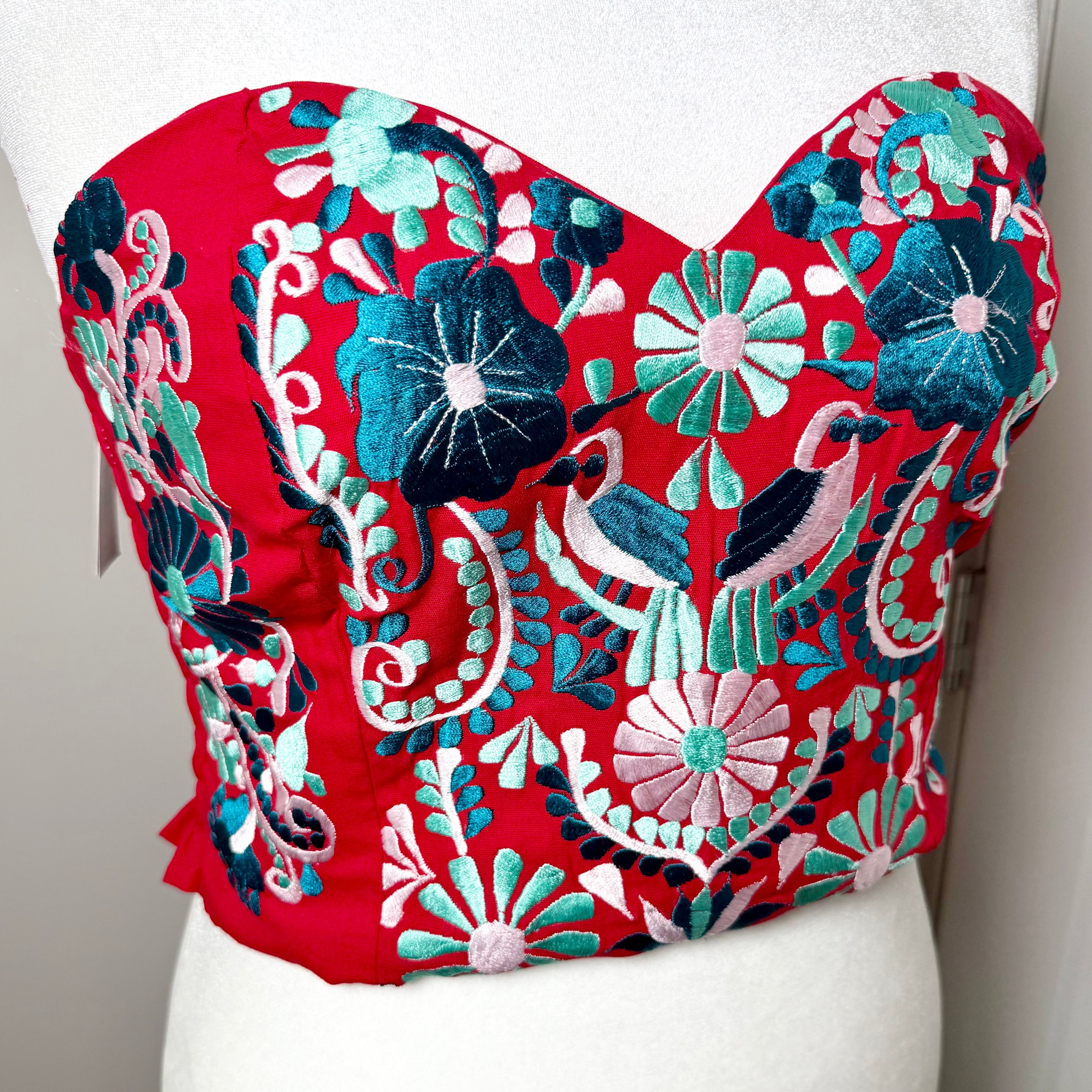 PUEBLA BUSTIER - RED W/ GREEN EMBROIDERY