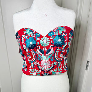PUEBLA BUSTIER - RED W/ GREEN EMBROIDERY