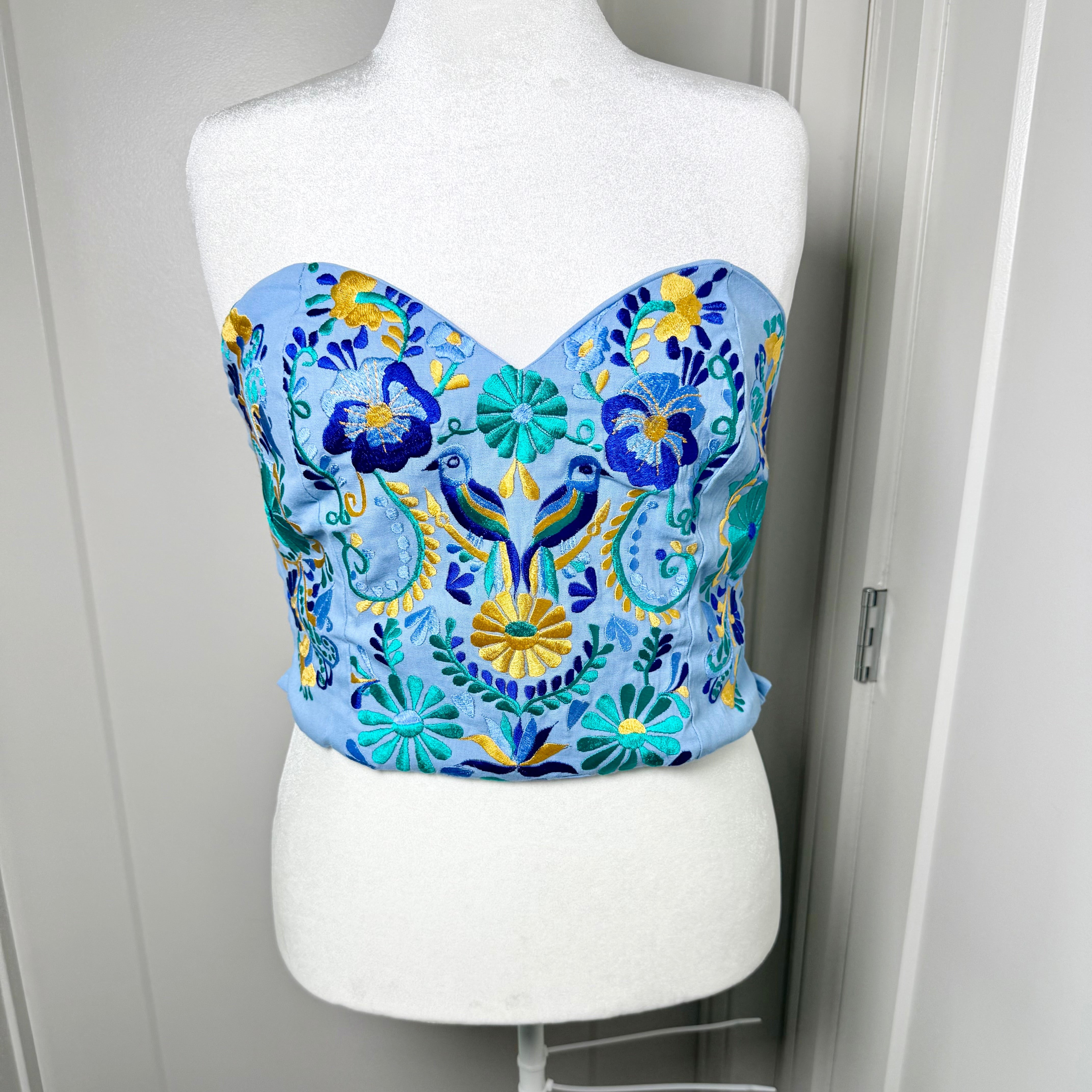 PUEBLA BUSTIER - SKY BLUE W/ TEAL & BLUE BIRDS