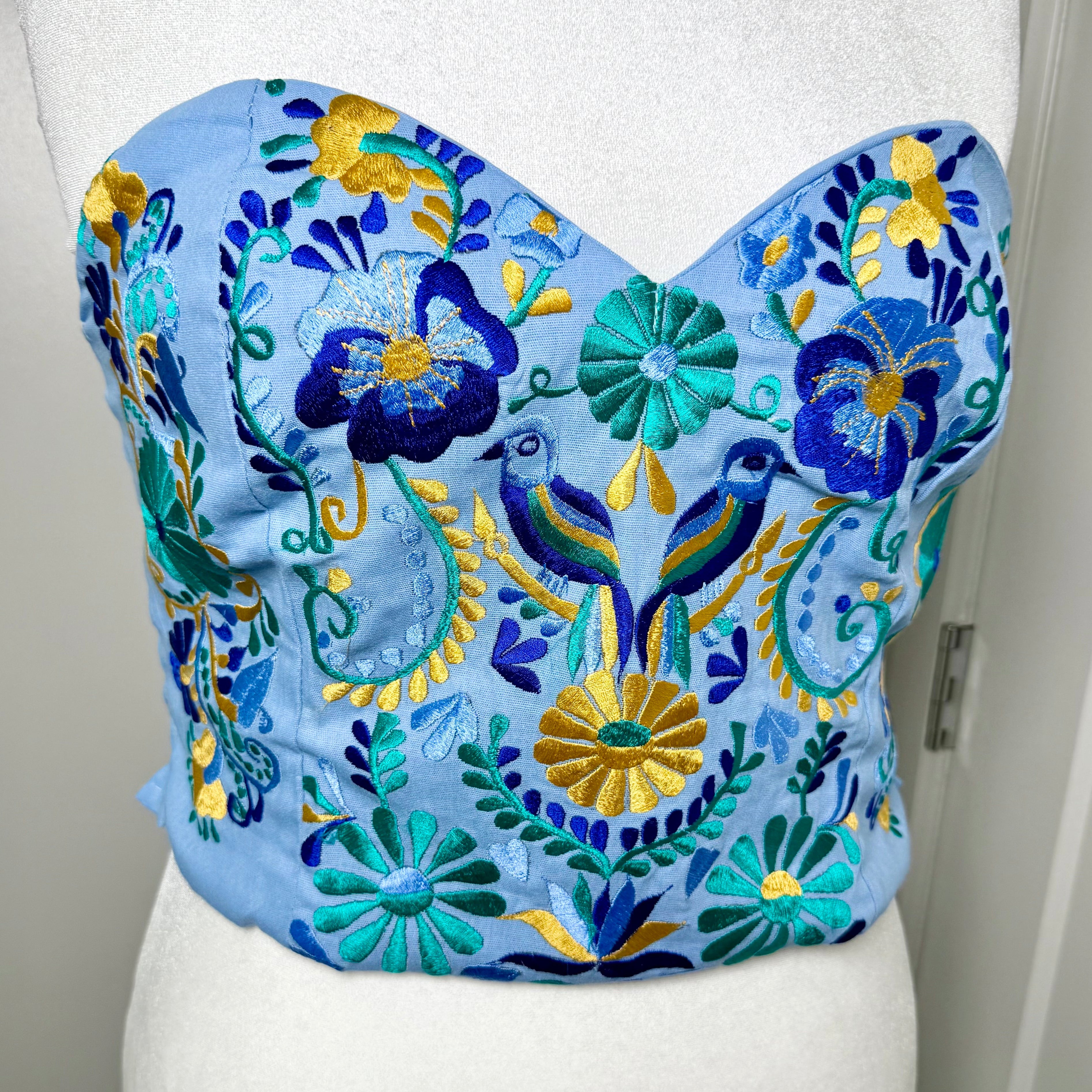 PUEBLA BUSTIER - SKY BLUE W/ TEAL & BLUE BIRDS