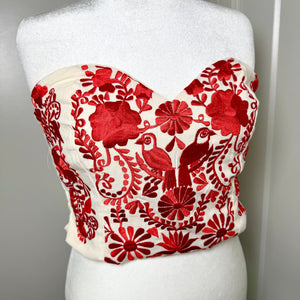 PUEBLA BUSTIER - NATURAL W/RED EMBROIDERY