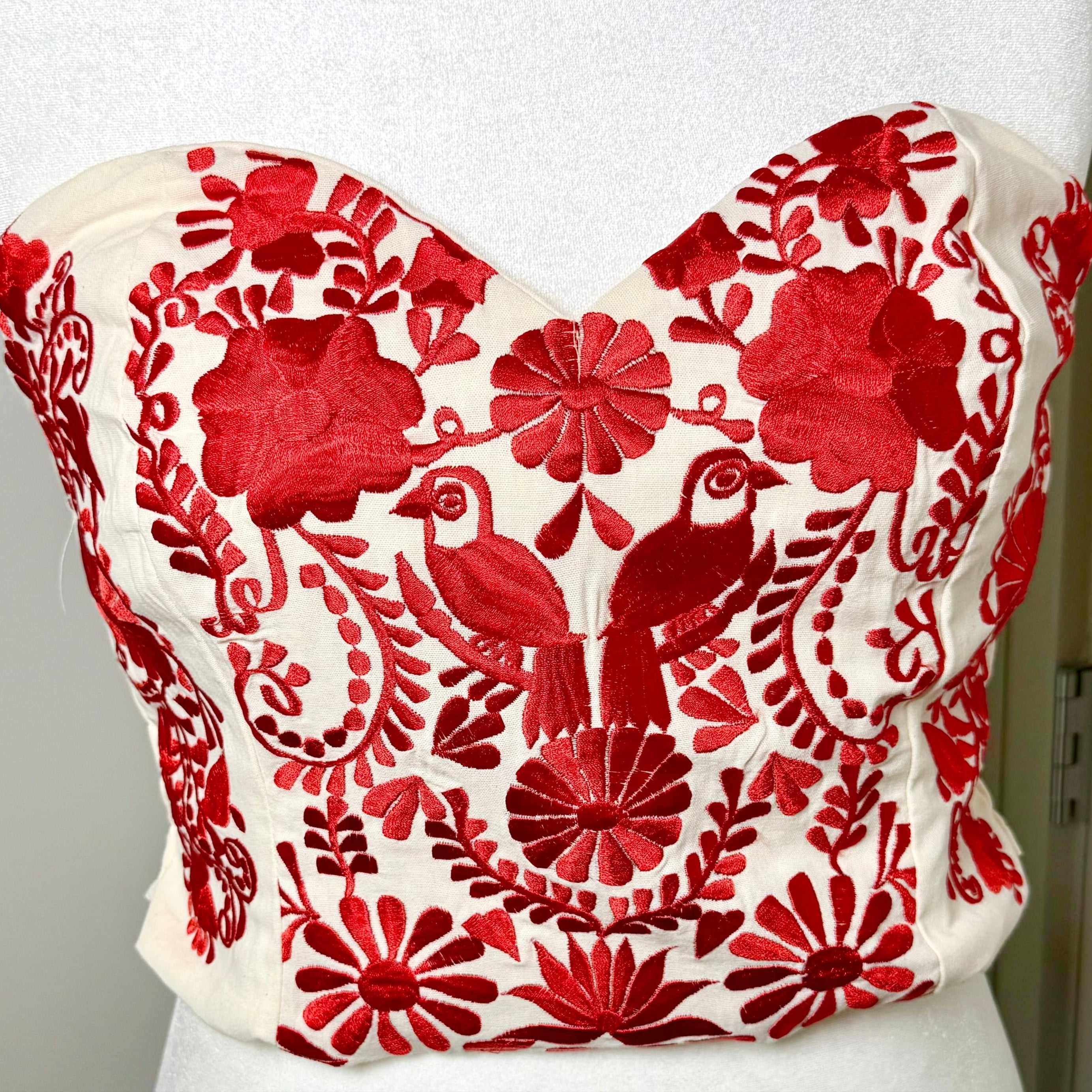 PUEBLA BUSTIER - NATURAL W/RED EMBROIDERY