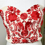 Load image into Gallery viewer, PUEBLA BUSTIER - NATURAL W/RED EMBROIDERY

