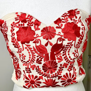 PUEBLA BUSTIER - NATURAL W/RED EMBROIDERY