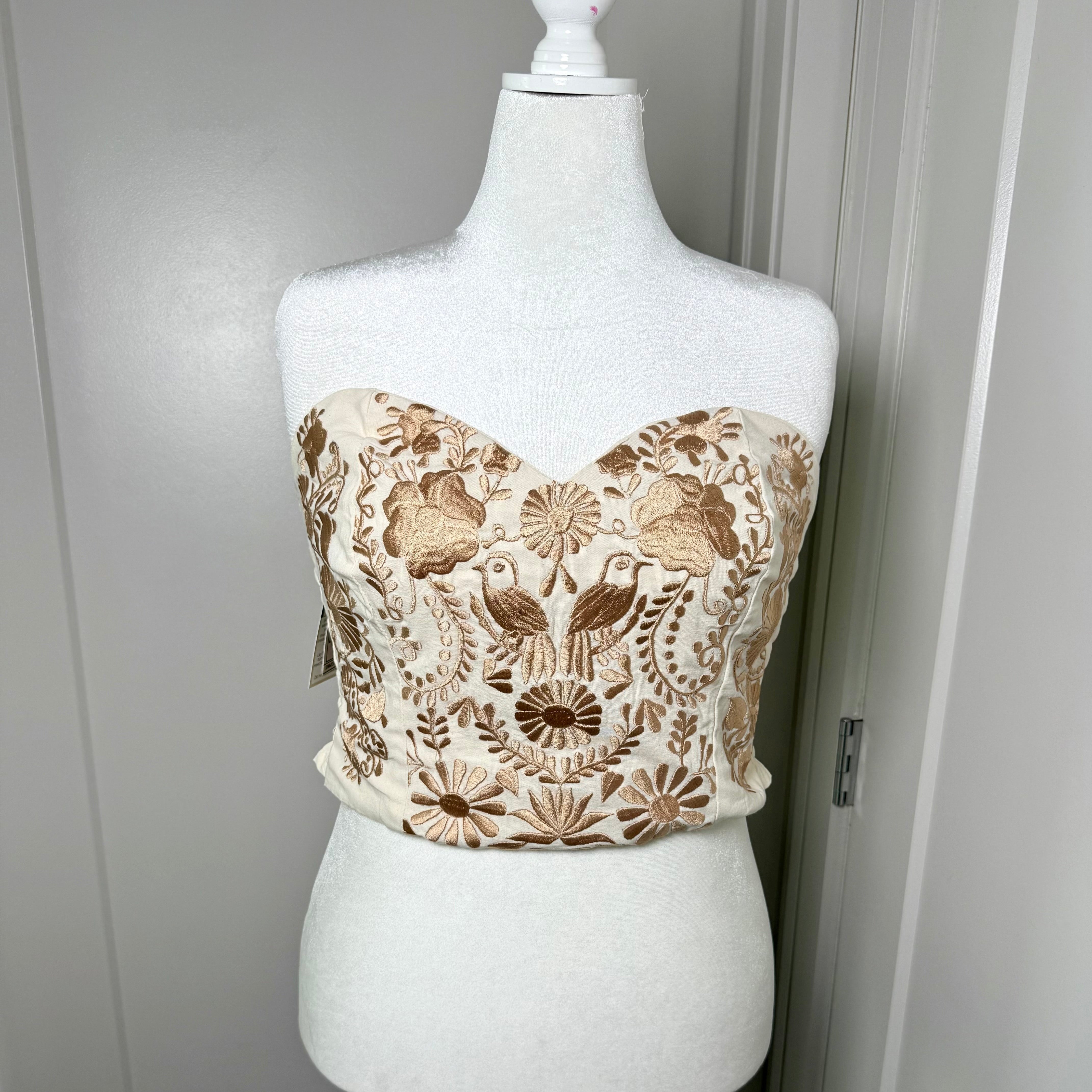 PUEBLA BUSTIER - NATURAL W/ GOLD BIRDS