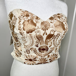PUEBLA BUSTIER - NATURAL W/ GOLD BIRDS
