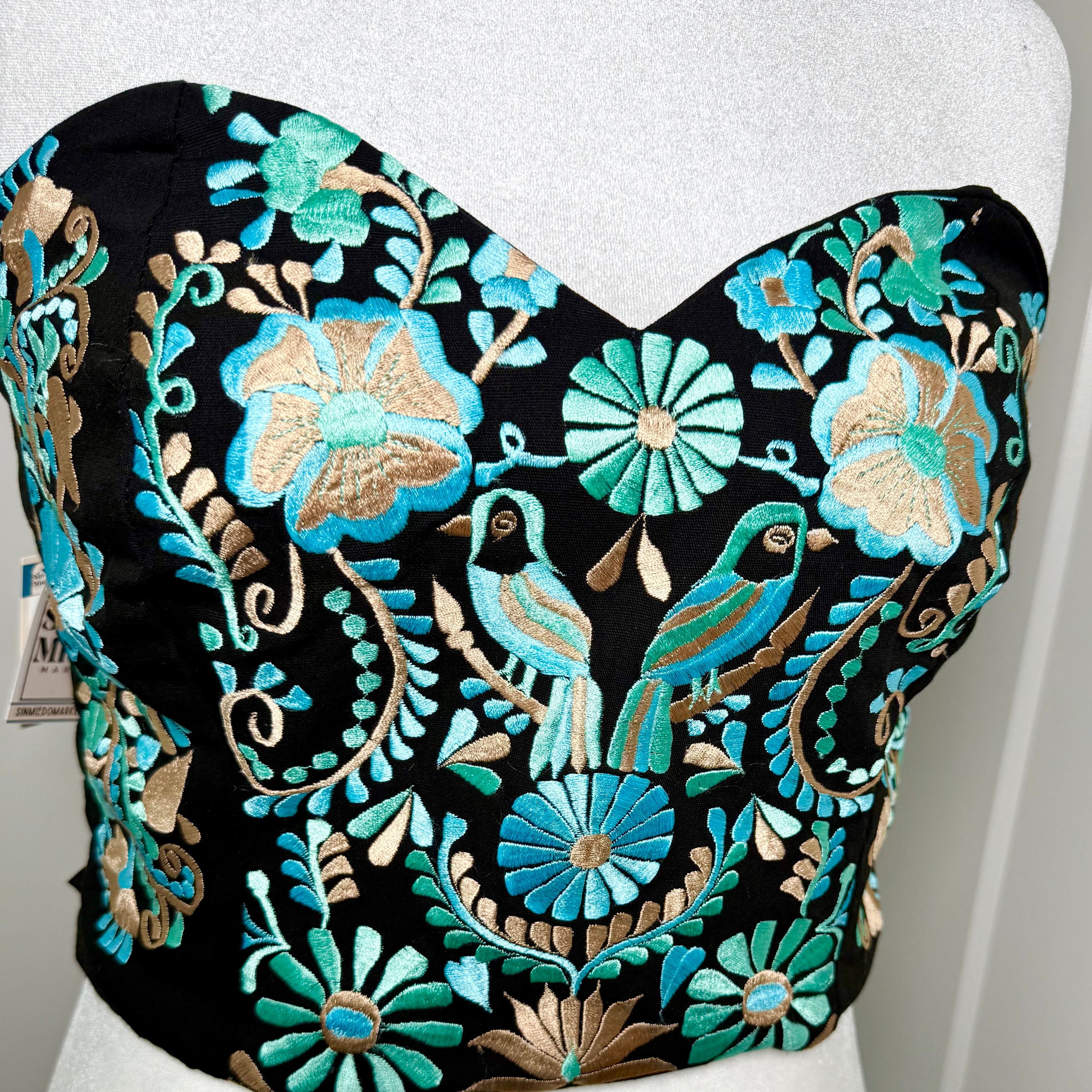 PUEBLA BUSTIER - BLACK W/ SKY BLUE & MINT BIRDS