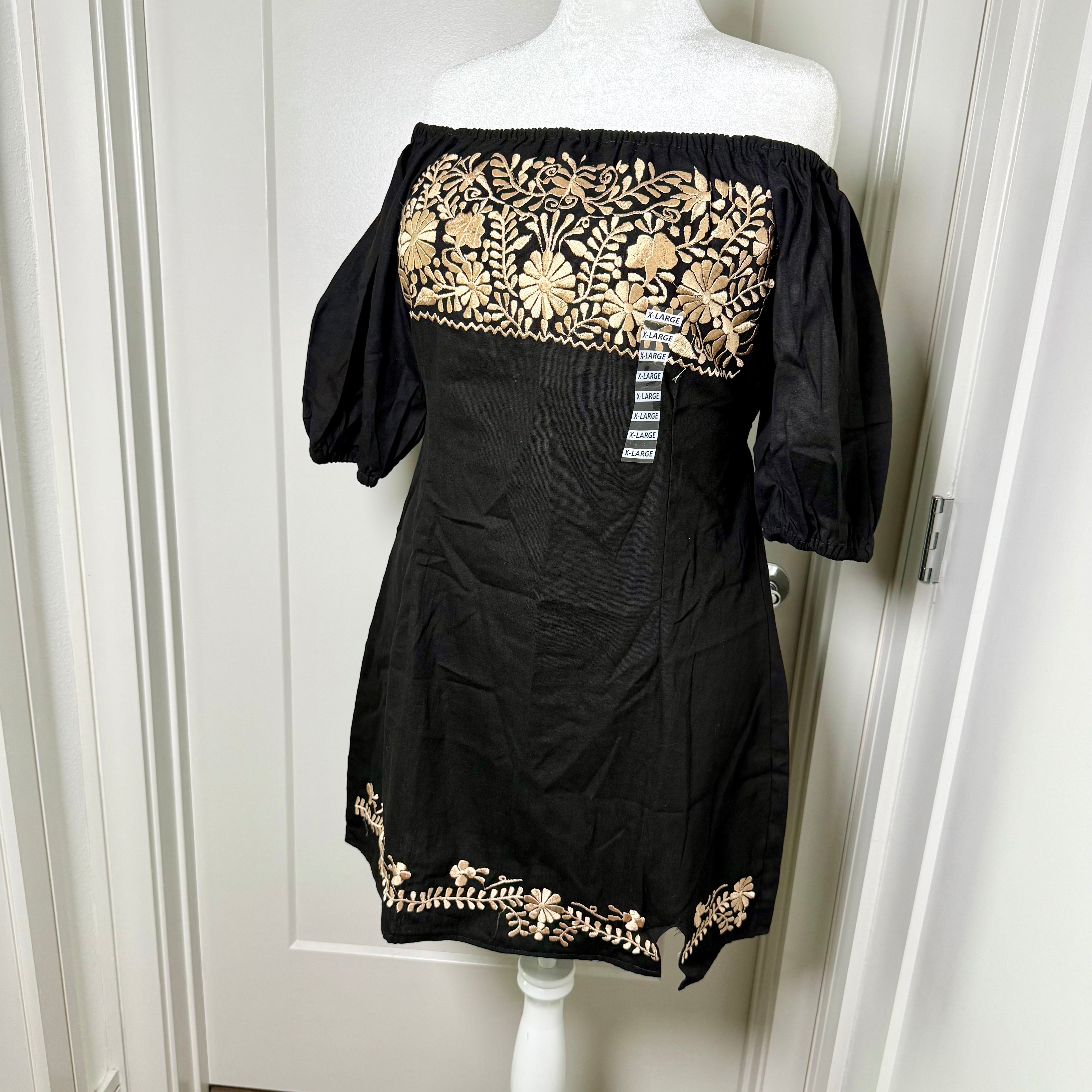 CHICA DRESS - BLACK W/GOLD EMBROIDERY