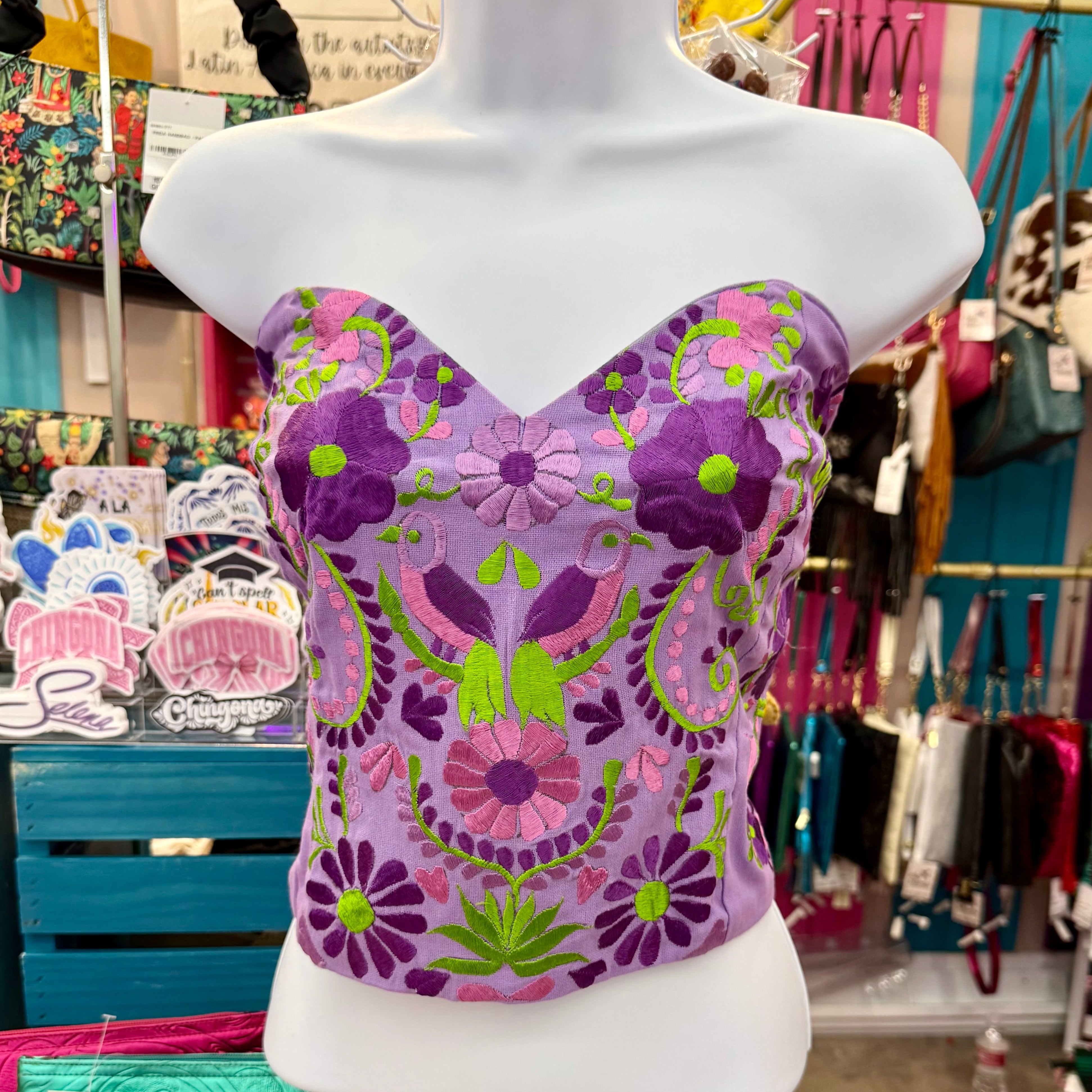 PUEBLA BUSTIER - LILAC W/PURPLE & GREEN BIRDS