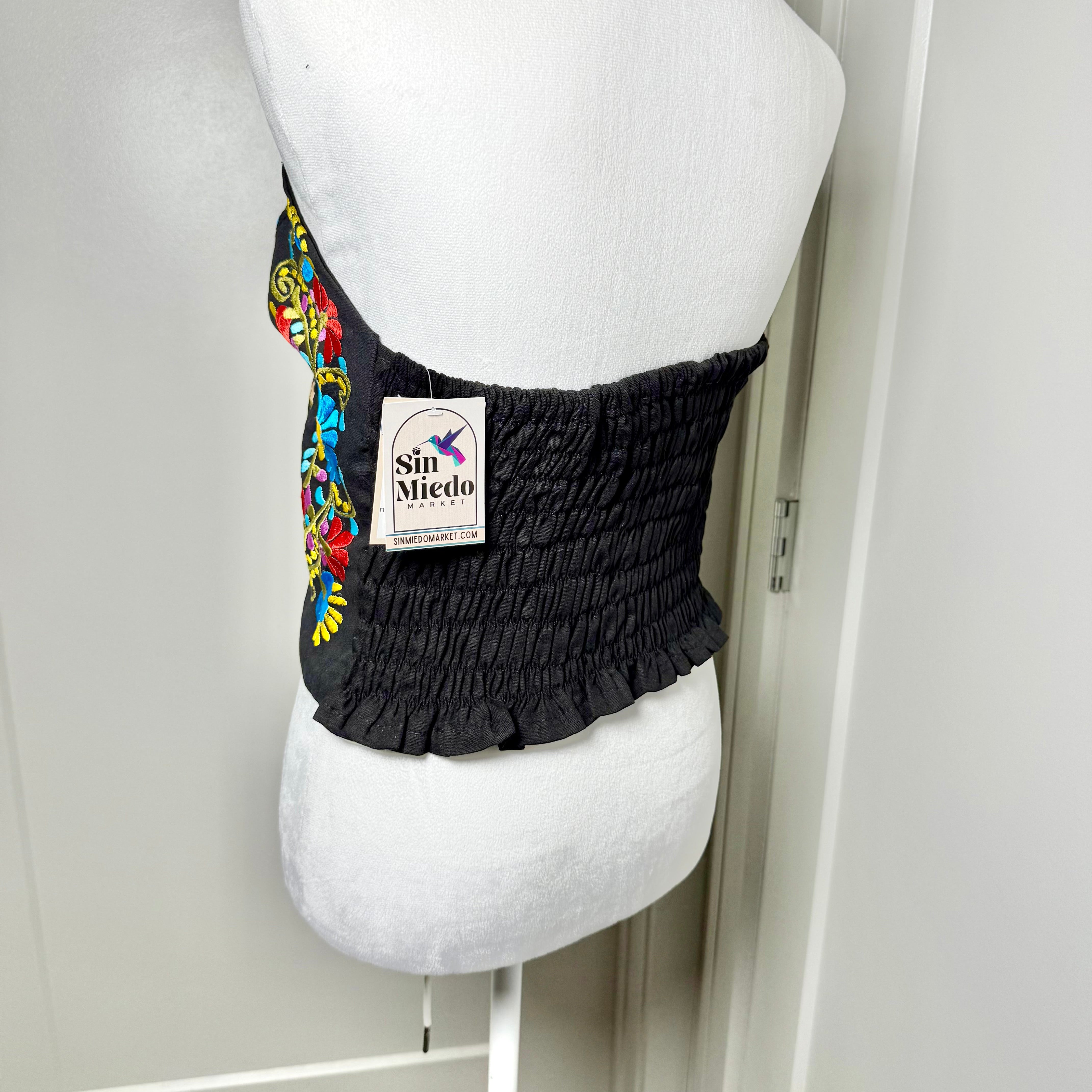 PUEBLA BUSTIER - BLACK WITH PASTEL BIRDS EMBROIDERY