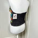 Load image into Gallery viewer, PUEBLA BUSTIER - BLACK WITH PASTEL BIRDS EMBROIDERY

