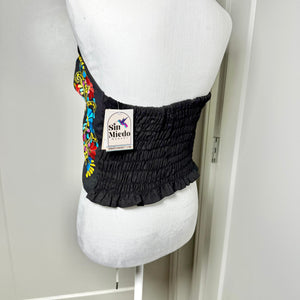 PUEBLA BUSTIER - BLACK WITH PASTEL BIRDS EMBROIDERY
