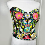 Load image into Gallery viewer, PUEBLA BUSTIER - BLACK WITH PASTEL BIRDS EMBROIDERY
