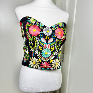 PUEBLA BUSTIER - BLACK WITH PASTEL BIRDS EMBROIDERY