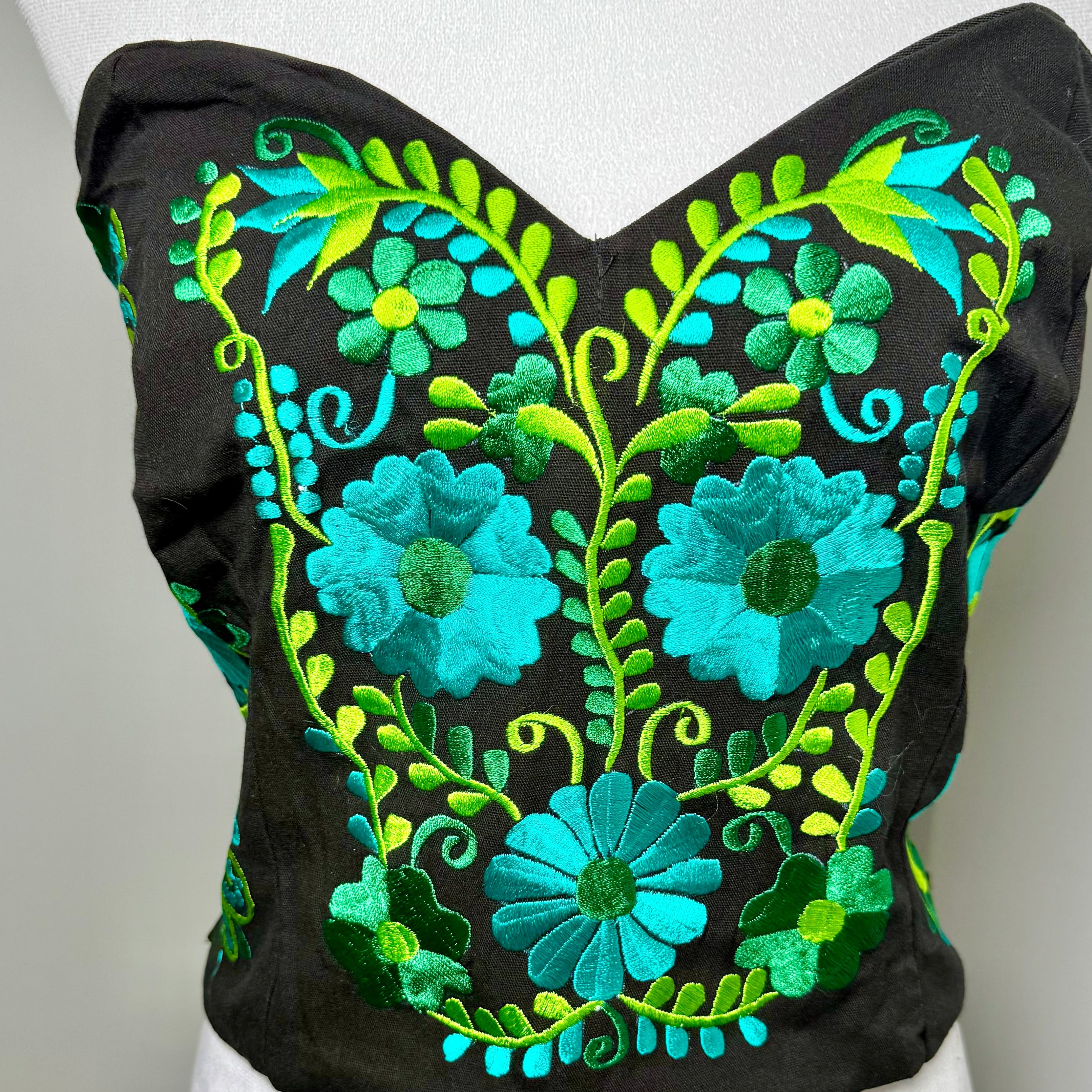 PUEBLA BUSTIER - BLACK WITH GREEN FLOWERS - S-XL