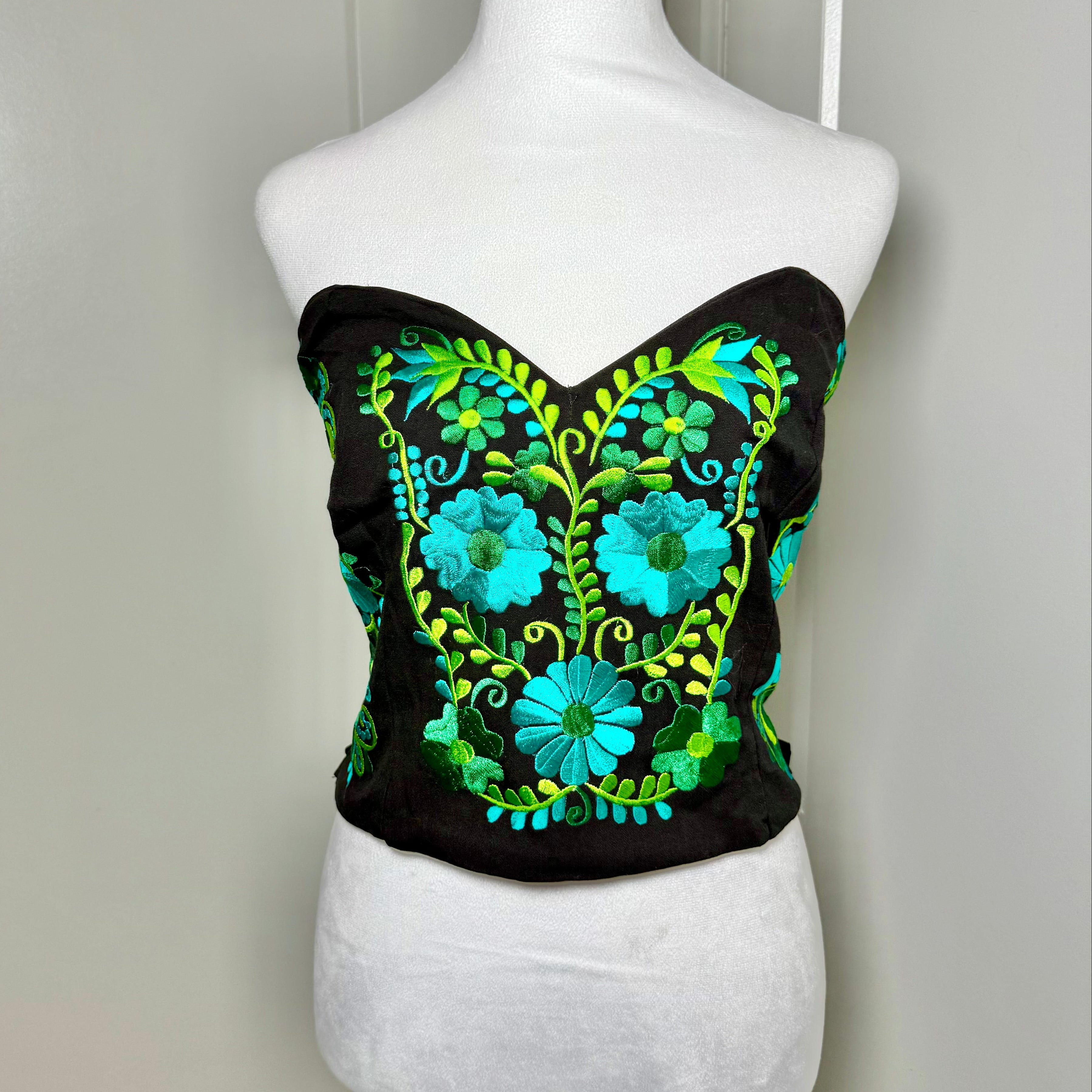 PUEBLA BUSTIER - BLACK WITH GREEN FLOWERS - S-XL