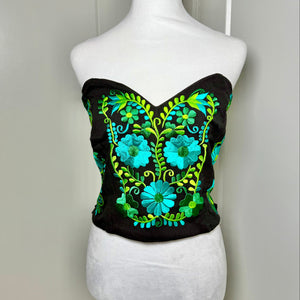 PUEBLA BUSTIER - BLACK WITH GREEN FLOWERS - S-XL