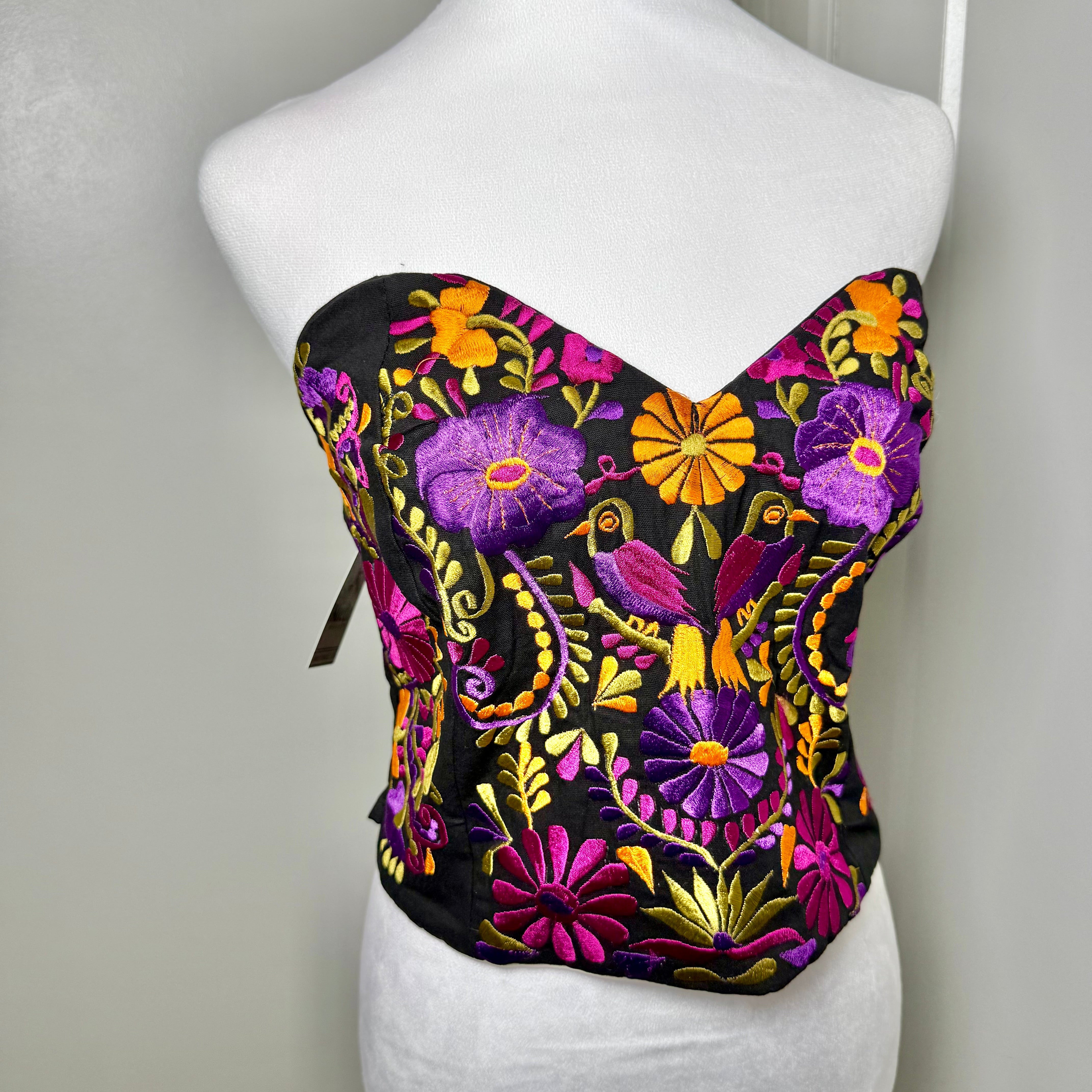 PUEBLA BUSTIER - BLACK W/FUSCHIA, ORANGE, PURPLE BIRDS- S-XL