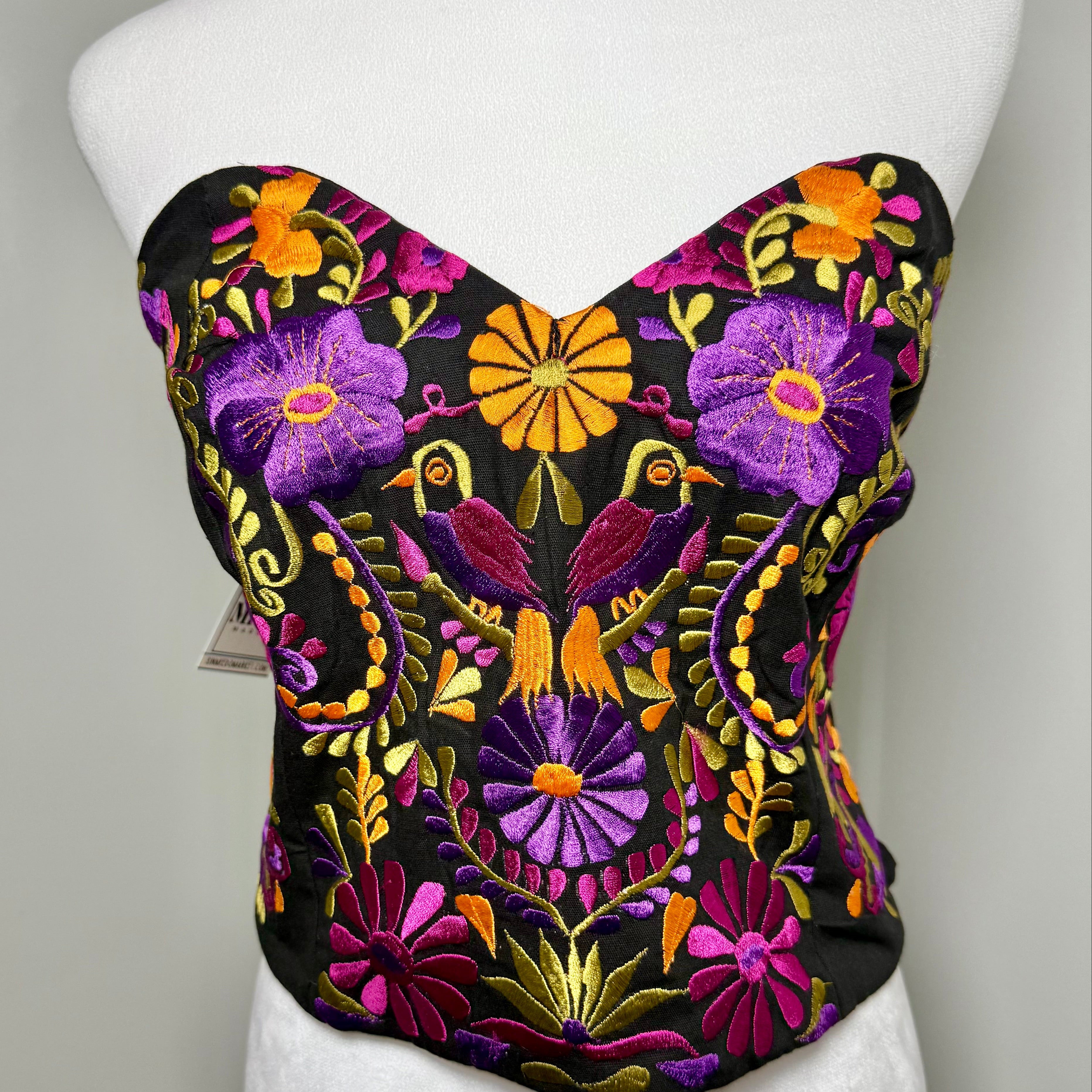 PUEBLA BUSTIER - BLACK W/FUSCHIA, ORANGE, PURPLE BIRDS- S-XL
