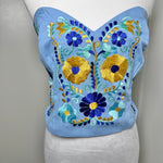 Load image into Gallery viewer, PUEBLA BUSTIER - SKY BLUE W/GOLD FLOWERS - S-XL
