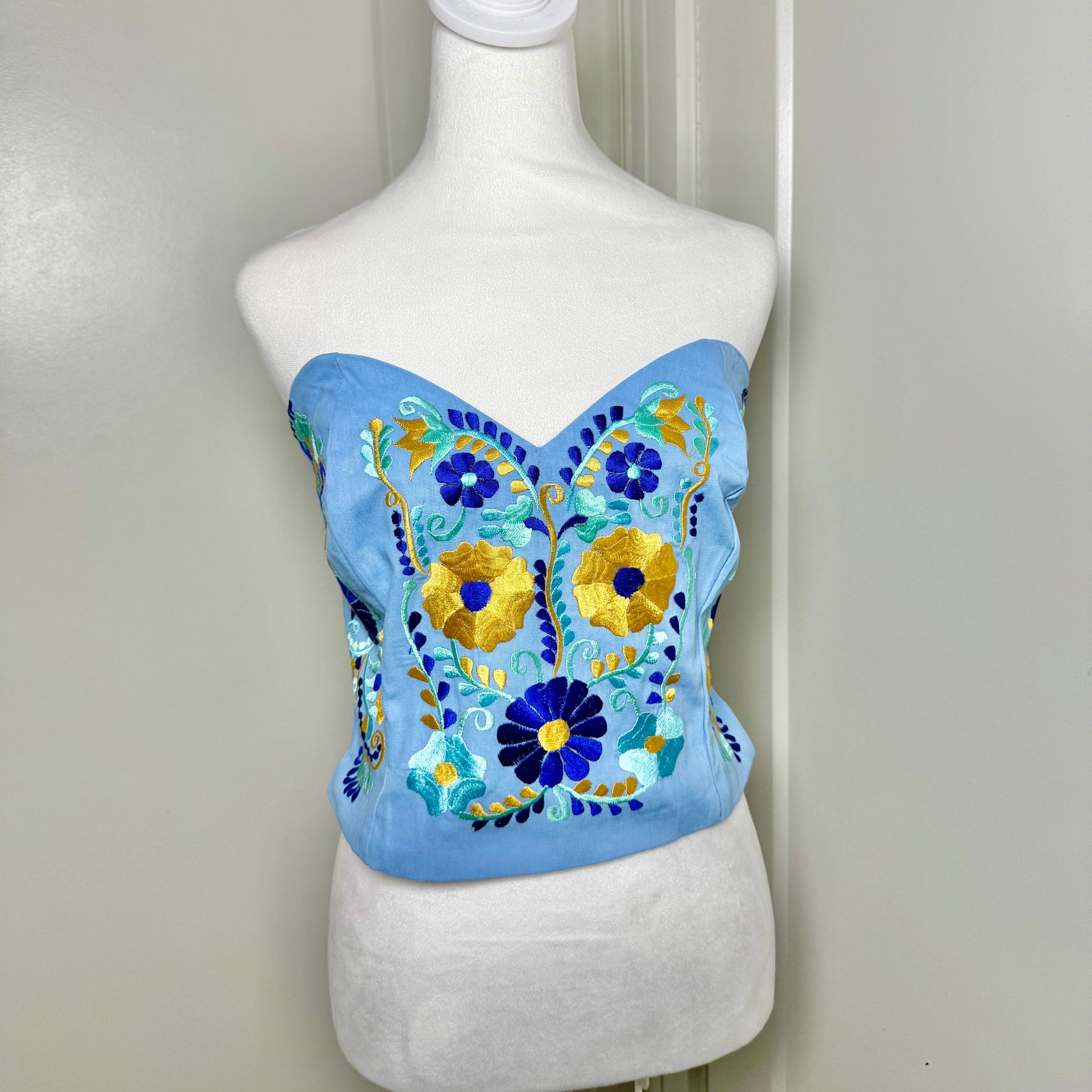 PUEBLA BUSTIER - SKY BLUE W/GOLD FLOWERS - S-XL