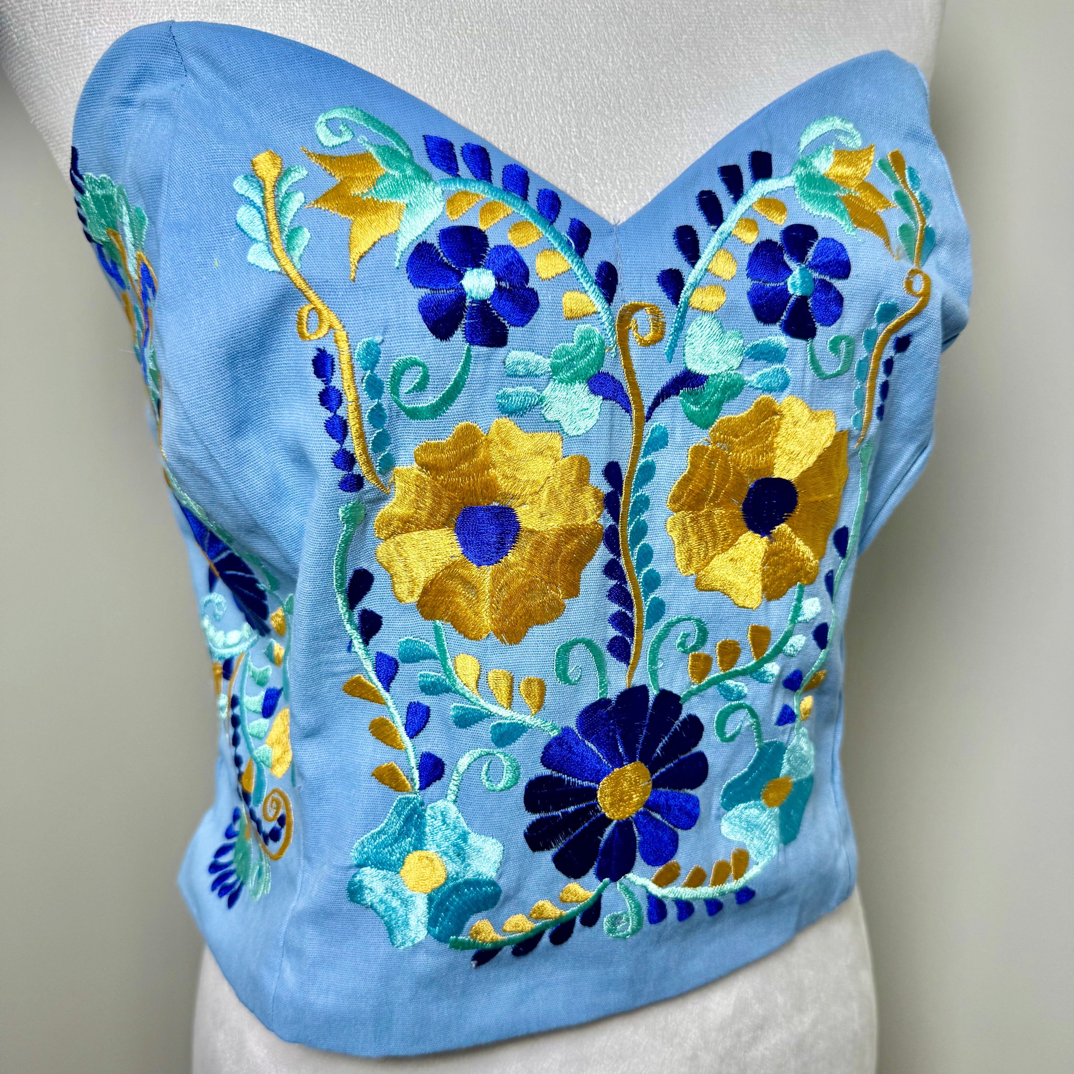 PUEBLA BUSTIER - SKY BLUE W/GOLD FLOWERS - S-XL