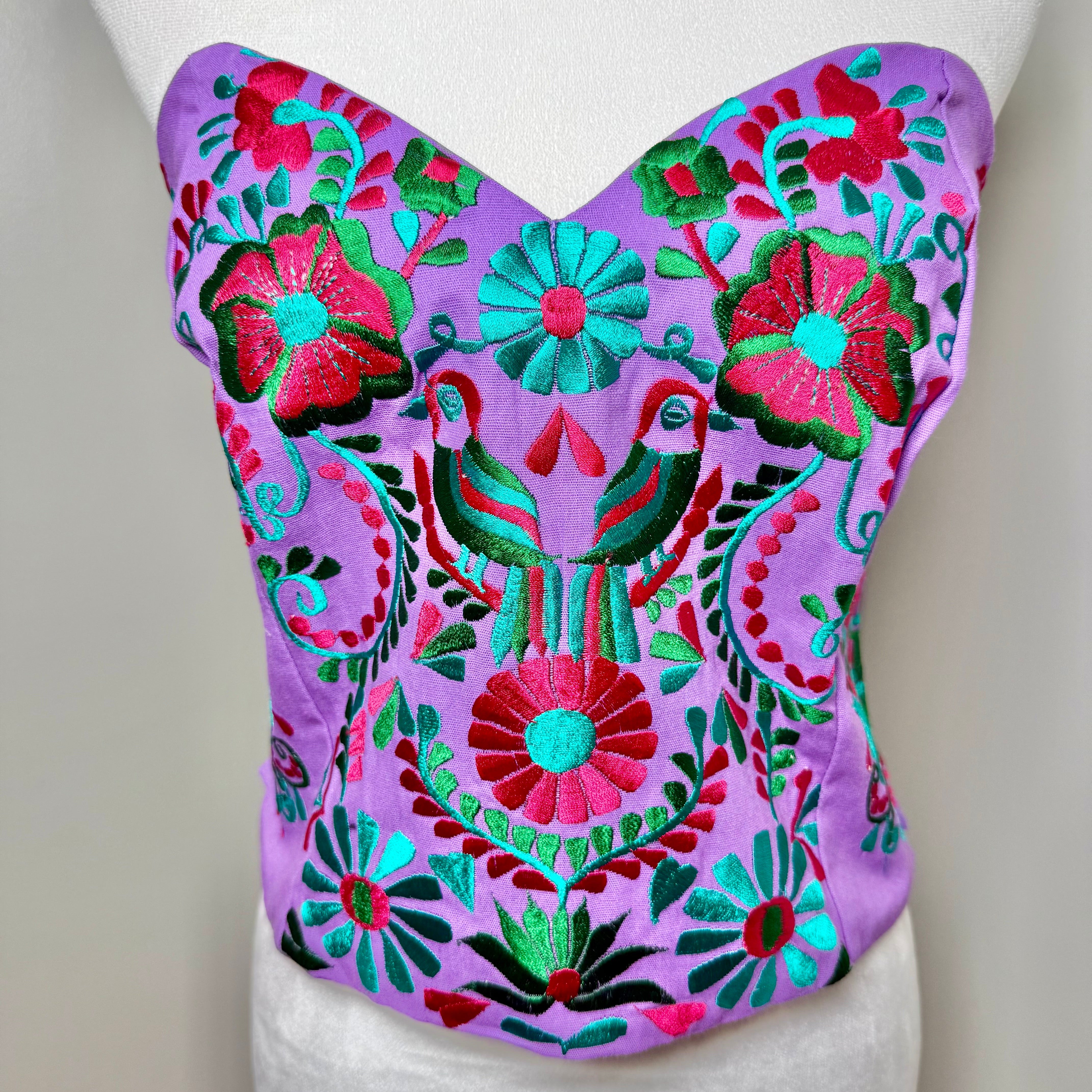 PUEBLA BUSTIER - LILAC W/TEAL & FUSCHIA BIRDS - S-XL