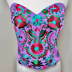 PUEBLA BUSTIER - LILAC W/TEAL & FUSCHIA BIRDS - S-XL