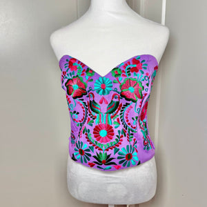 PUEBLA BUSTIER - LILAC W/TEAL & FUSCHIA BIRDS - S-XL