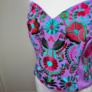 PUEBLA BUSTIER - LILAC W/TEAL & FUSCHIA BIRDS - S-XL