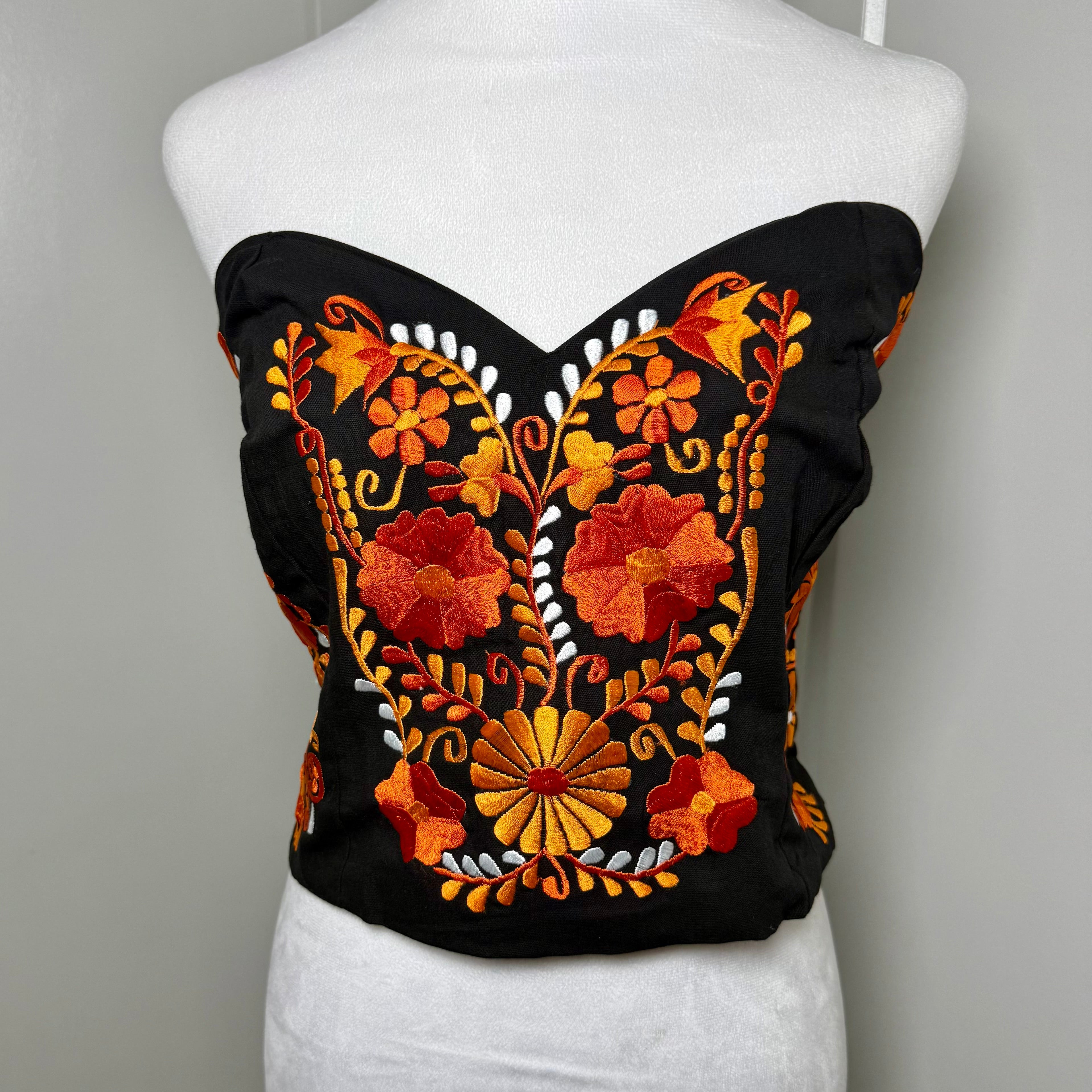 PUEBLA BUSTIER - BLACK WITH ORANGE FLOWERS - S-XL