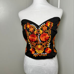 PUEBLA BUSTIER - BLACK WITH ORANGE FLOWERS - S-XL