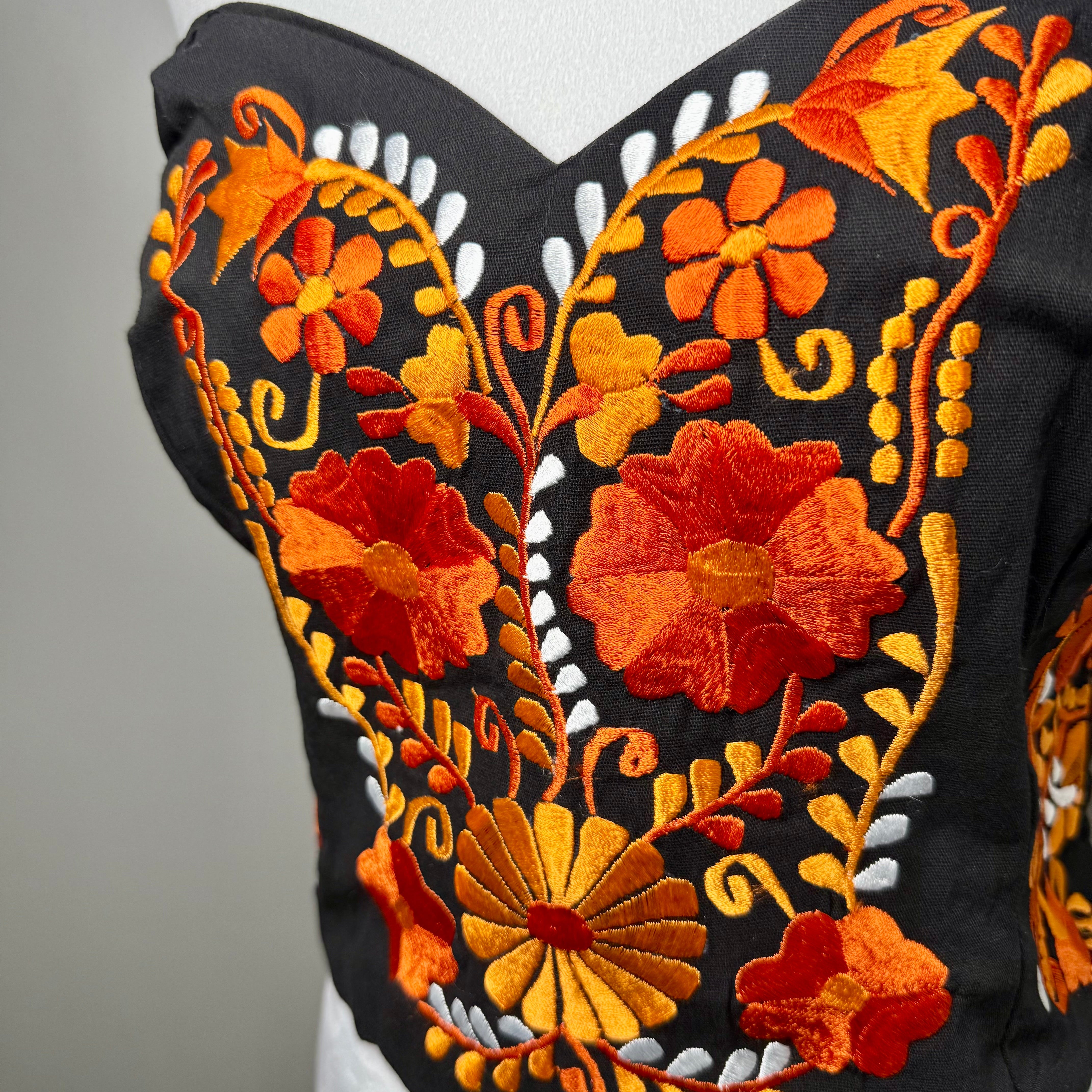 PUEBLA BUSTIER - BLACK WITH ORANGE FLOWERS - S-XL