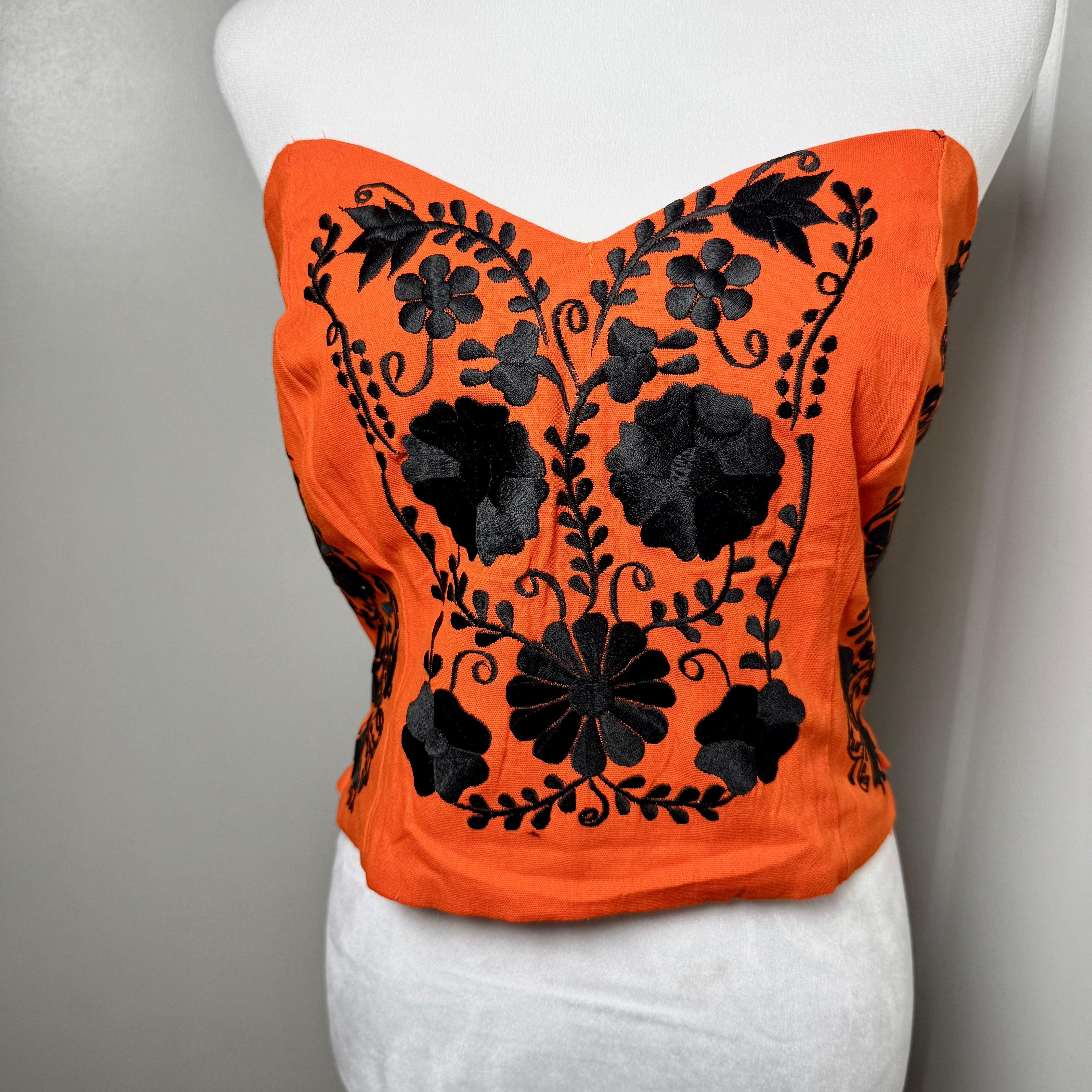 PUEBLA BUSTIER - ORANGE W/BLACK FLOWERES- S-XL