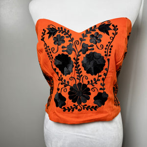 PUEBLA BUSTIER - ORANGE W/BLACK FLOWERES- S-XL